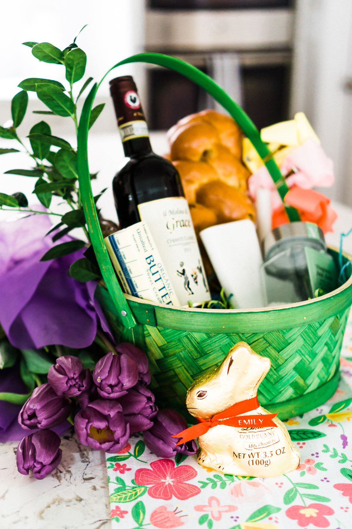 Green Polish Easter Basket with Wine, butter, and chocolate bunny